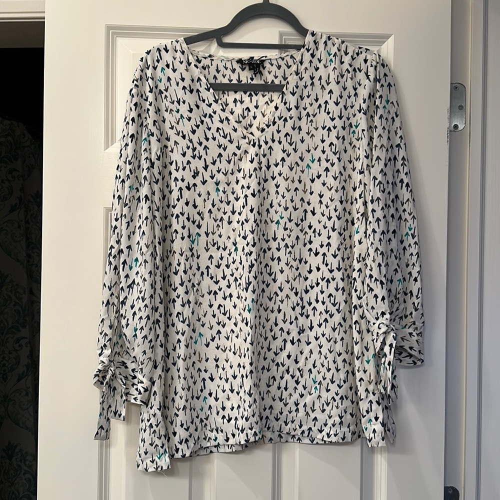 Blue white and teal flowing blouse
